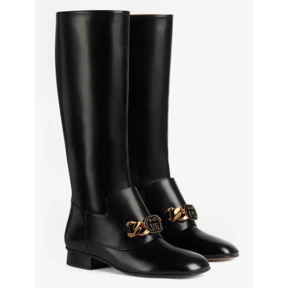 Gucci Interlocking GG Chain Patent Leather Knee Boots - Picture 1 of 16